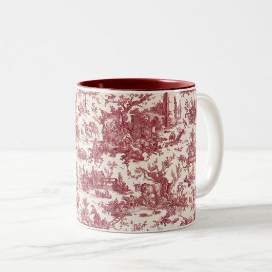 ヴィンテージ素朴フフランスのァームトイルレッド&タン ツートーンマグカップ (正面右)