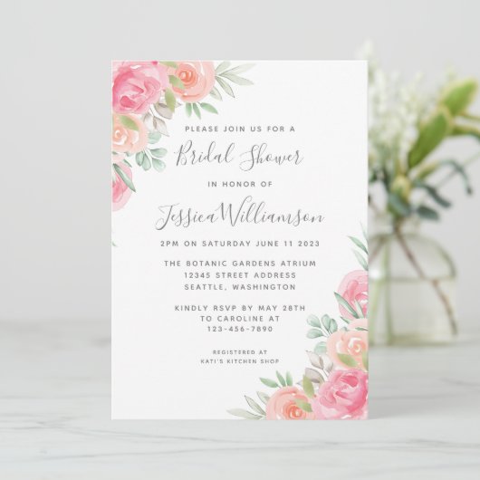 ヴィンテージ素朴フラワーピンクサンゴブライダルシャワー 招待状 (スタンド正面)