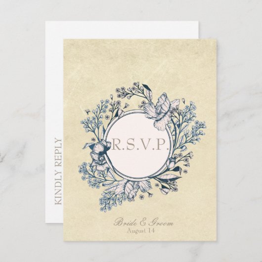 ヴィンテージ素朴フラワーフローラウェディングRSVP インビテーションポストカード (正面/裏面)