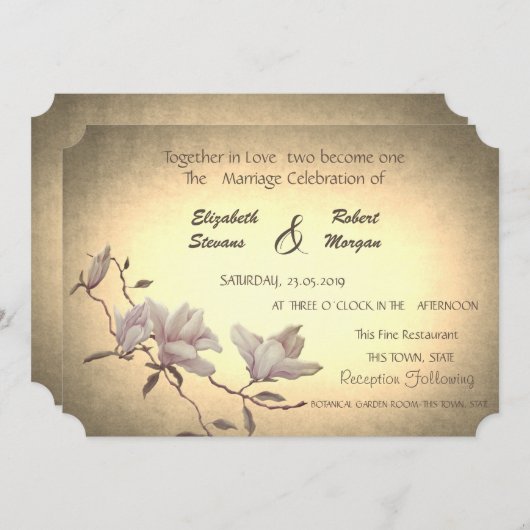 ヴィンテージ素朴フラワー、マグノリア結婚式招待状 招待状 (正面/裏面)