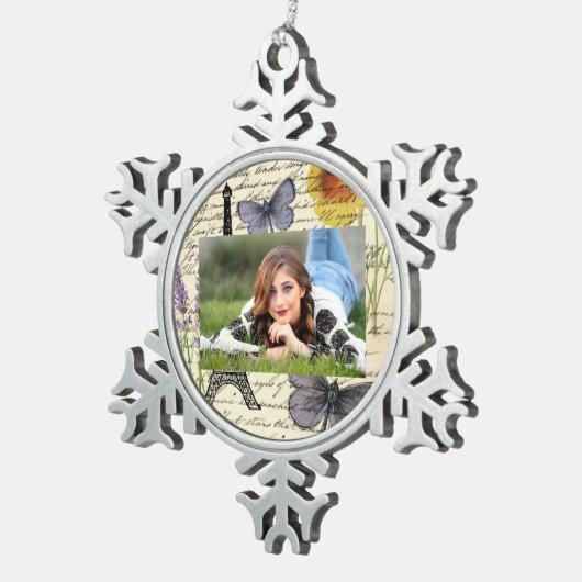 ヴィンテージ素朴フランスのな蝶パリエッフェル塔 スノーフレークピューターオーナメント (右)