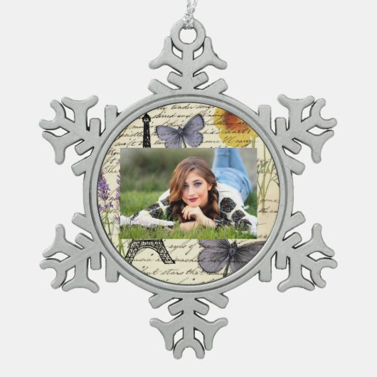 ヴィンテージ素朴フランスのな蝶パリエッフェル塔 スノーフレークピューターオーナメント (正面)