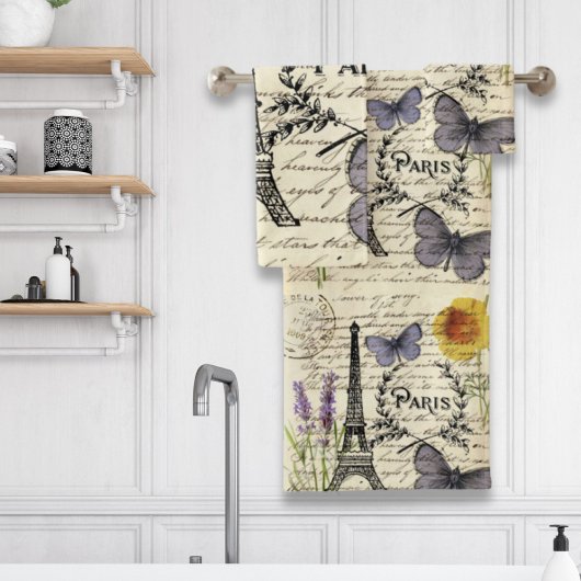 ヴィンテージ素朴フランスのな蝶パリエッフェル塔 バスタオルセット