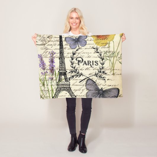 ヴィンテージ素朴フランスのな蝶パリエッフェル塔 フリースブランケット (インサイチュ)