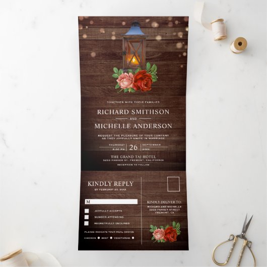 ヴィンテージ素朴フローラウッドランタン結婚ズ 三つ折り招待状 (内部)