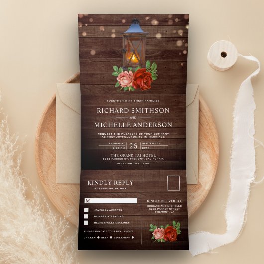 ヴィンテージ素朴フローラウッドランタン結婚ズ 三つ折り招待状