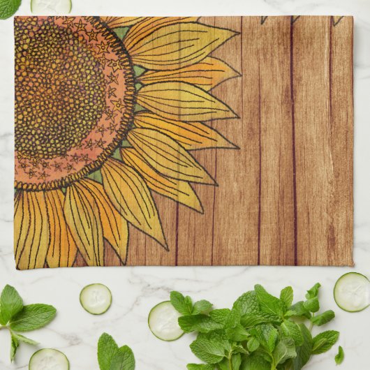 ヴィンテージ素朴フローラエレガントウッドアートサンフラワー キッチンタオル (折り畳み)