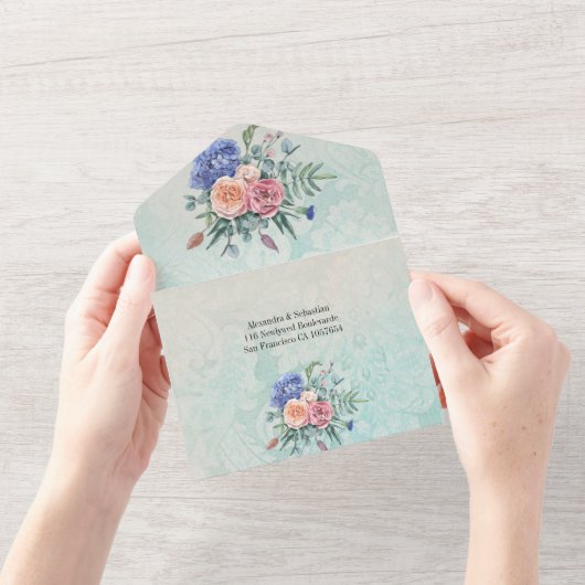 ヴィンテージ素朴フローラグリーンダマスクウェディング オールインワン招待状 (開いている状態)