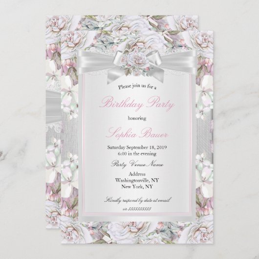 ヴィンテージ素朴フローラバラピンクバースデーパーティー 招待状 (正面/裏面)