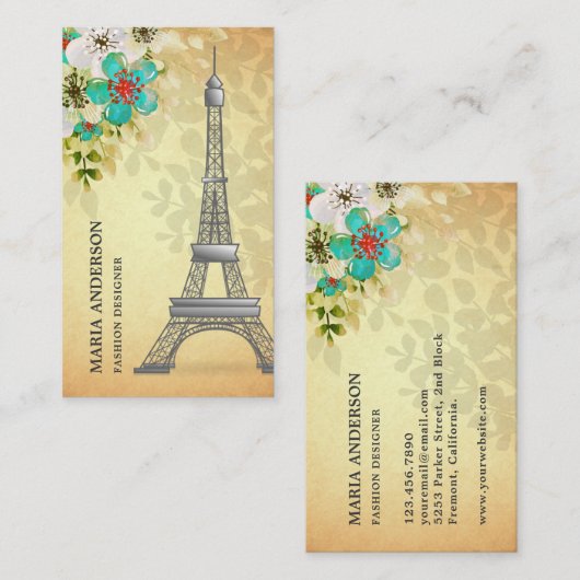ヴィンテージ素朴フローラパリエッフェルタワー 名刺 (正面/裏面)
