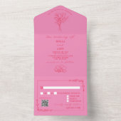 ヴィンテージ素朴フローラピンク+レッドQRコー結婚ド オールインワン招待状 (内側)