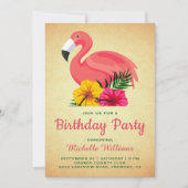 ヴィンテージ素朴フローラフラミンゴ誕生日パーティー 招待状 (正面)
