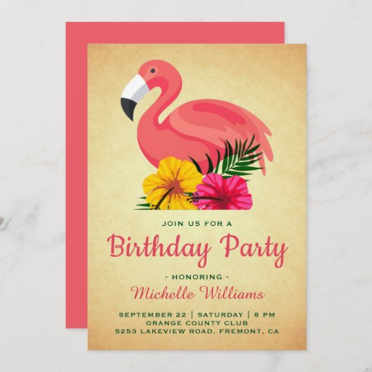 ヴィンテージ素朴フローラフラミンゴ誕生日パーティー 招待状 (正面/裏面)