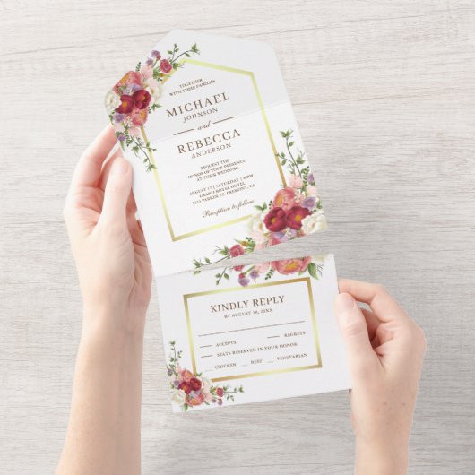 ヴィンテージ素朴フローラブーケ結婚ス オールインワン招待状 (貼ってはがせる)