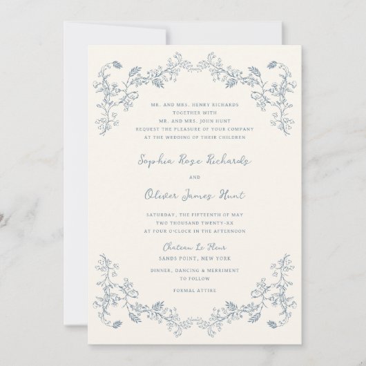 ヴィンテージ素朴フローララインアート全結婚体 招待状 (正面)