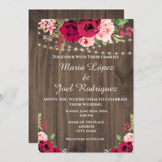 ヴィンテージ素朴フローラ灯を備えた木材ブルゴーニュ 招待状 (正面/裏面)