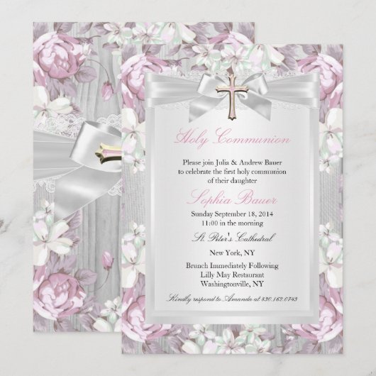 ヴィンテージ素朴フローラ第1聖体ピンク2 招待状 (正面/裏面)