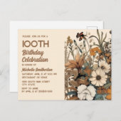 ヴィンテージ素朴ブラウンクリームフローラ100誕生日 インビテーションポストカード (正面/裏面)