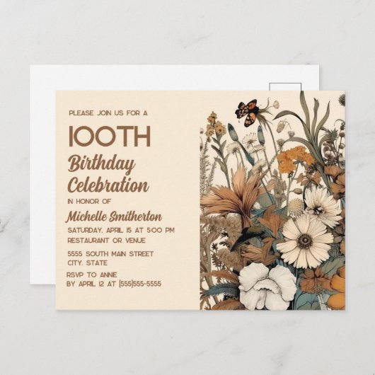 ヴィンテージ素朴ブラウンクリームフローラ100誕生日 インビテーションポストカード (正面/裏面)