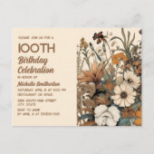 ヴィンテージ素朴ブラウンクリームフローラ100誕生日 インビテーションポストカード (正面)