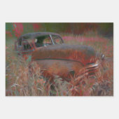 ヴィンテージ素朴ブラウンピンクカーオールドアンティークアート ラッピングペーパーシート (正面)