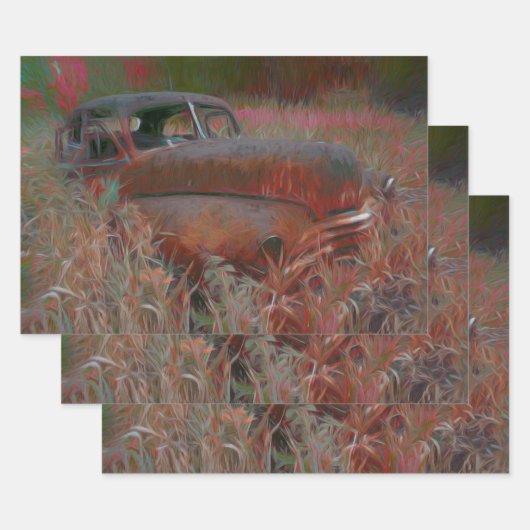 ヴィンテージ素朴ブラウンピンクカーオールドアンティークアート ラッピングペーパーシート (セット)