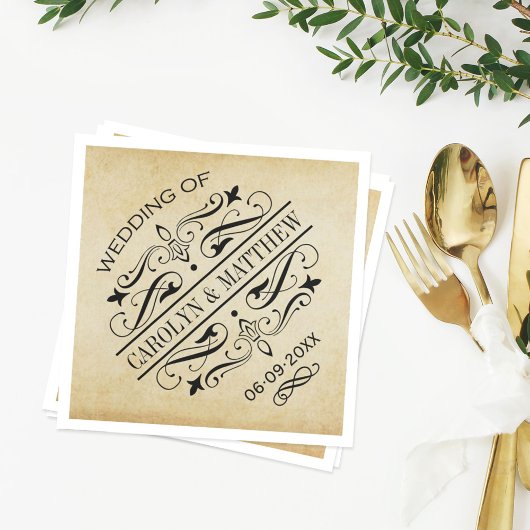 ヴィンテージ素朴ブラックフローリッシュ結婚パーチメント スタンダードカクテルナプキン