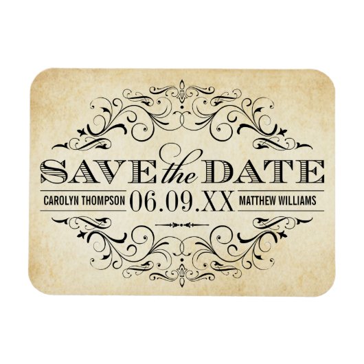 ヴィンテージ素朴ブラックフローリッシュ結婚パーチメント マグネット (横)