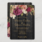 ヴィンテージ素朴ブルゴーニュのフローラバ結婚ンウッド 招待状 (正面/裏面)