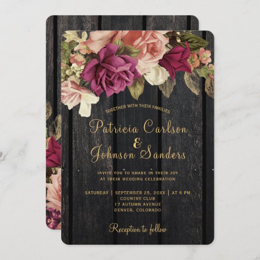 ヴィンテージ素朴ブルゴーニュのフローラバ結婚ンウッド 招待状 (正面/裏面)