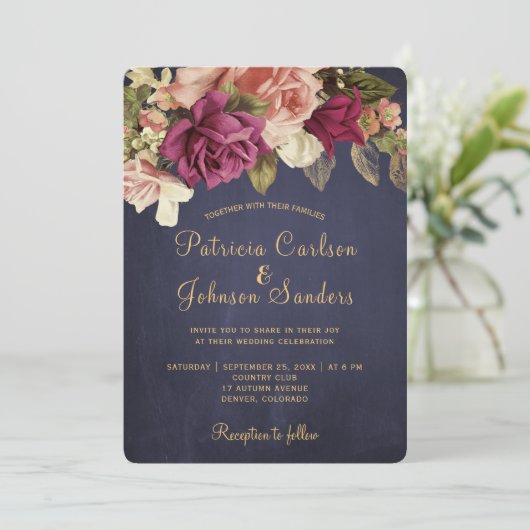 ヴィンテージ素朴ブルゴーニュのフローラ・チョーク結婚ボード 招待状 (スタンド正面)