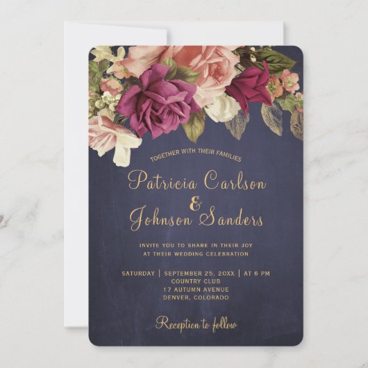 ヴィンテージ素朴ブルゴーニュのフローラ・チョーク結婚ボード 招待状 (正面)