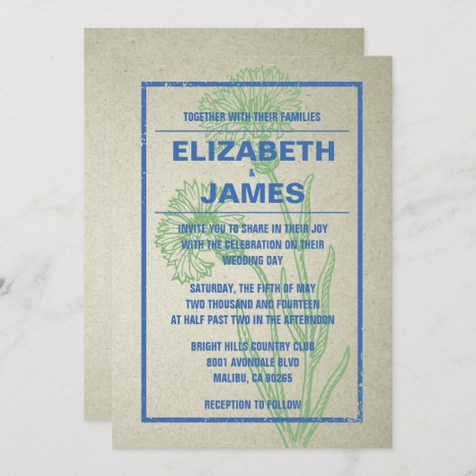 ヴィンテージ素朴ブルーとグリーンの結婚式招待状 招待状 (正面/裏面)
