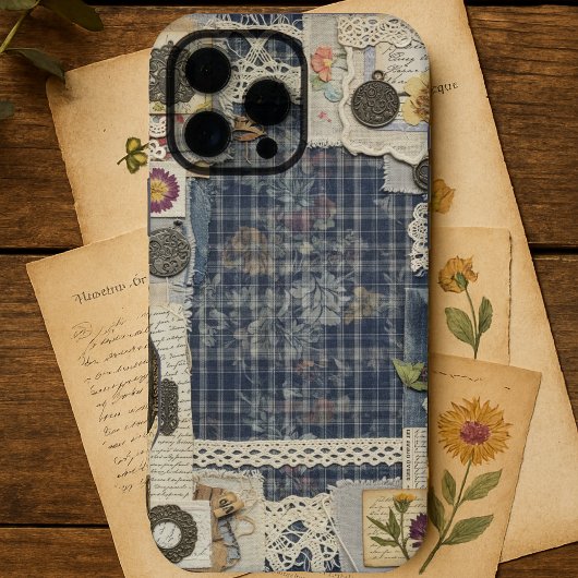 ヴィンテージ素朴ブルーデニムエフェメラ iPhoneケース