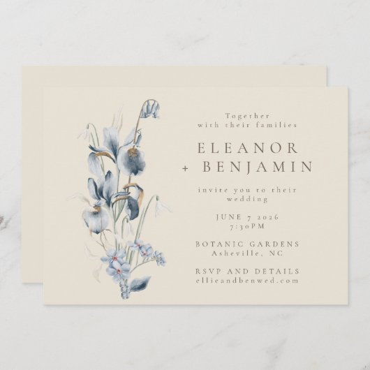 ヴィンテージ素朴ブルー結婚フローラのオールインワン 招待状 (正面/裏面)