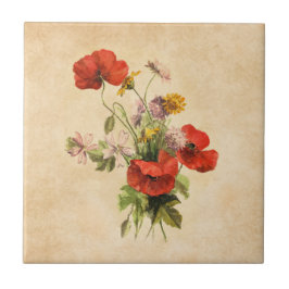 ヴィンテージ素朴ブーケレッドポピー野生の花 タイル