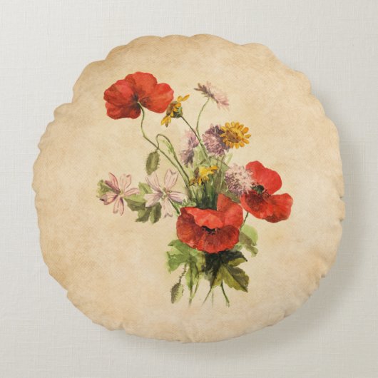 ヴィンテージ素朴ブーケレッドポピー野生の花 ラウンドクッション (正面)