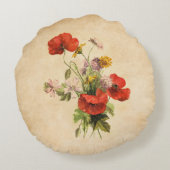 ヴィンテージ素朴ブーケレッドポピー野生の花 ラウンドクッション (裏面)