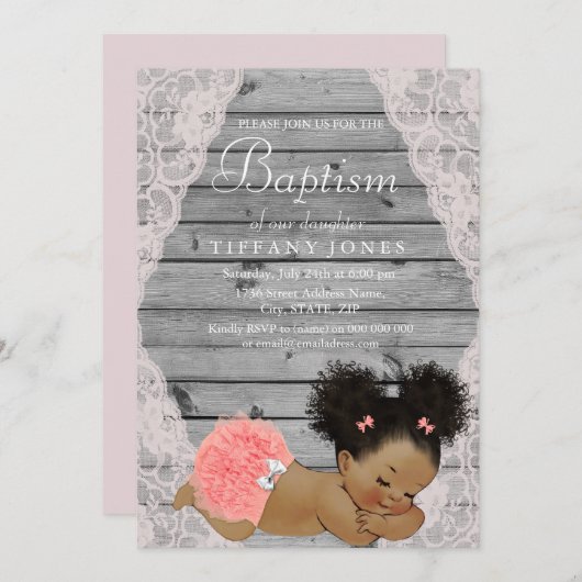 ヴィンテージ素朴ベビーガールバプテスマ招待状 招待状 (正面/裏面)