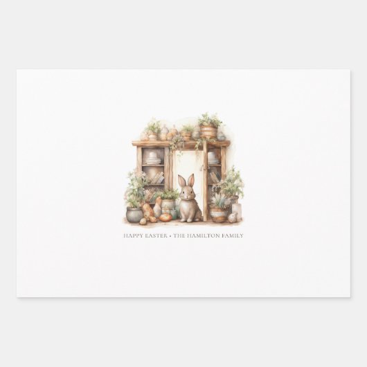 ヴィンテージ素朴ベージュイースターラビットファミリー名 ラッピングペーパーシート (正面3)