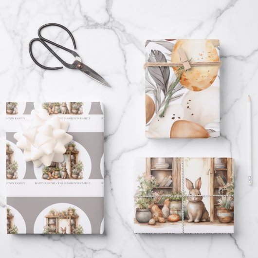 ヴィンテージ素朴ベージュイースターラビットファミリー名 ラッピングペーパーシート (正面)