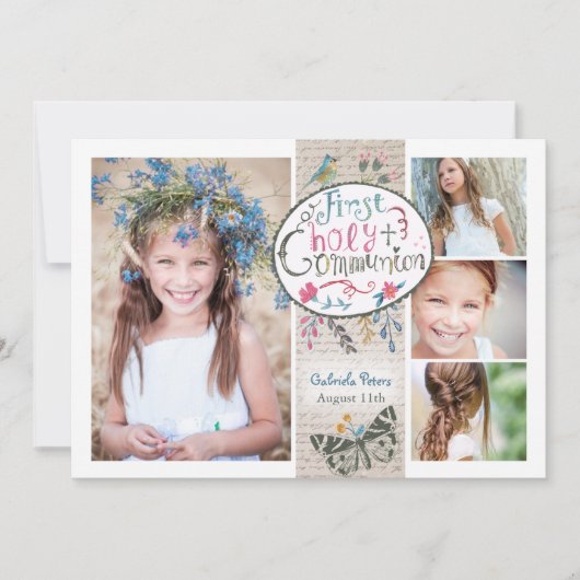 ヴィンテージ素朴ベージュファースト聖餐式フローラ 招待状 (正面)