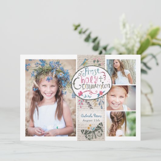 ヴィンテージ素朴ベージュファースト聖餐式フローラ 招待状 (スタンド正面)