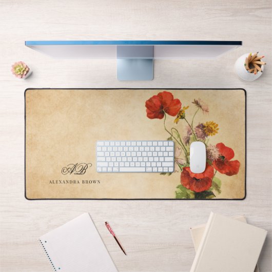 ヴィンテージ素朴ベージュレッドポピズワイルドフラワー デスクマット (オフィス1)