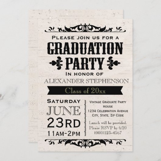 ヴィンテージ素朴ベージュ卒業パーティー招待状 招待状 (正面/裏面)