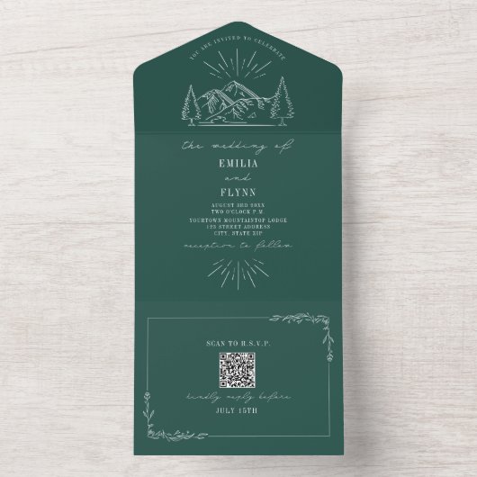 ヴィンテージ素朴マウンテンエメラルドQRコードRSVP オールインワン招待状 (内側)