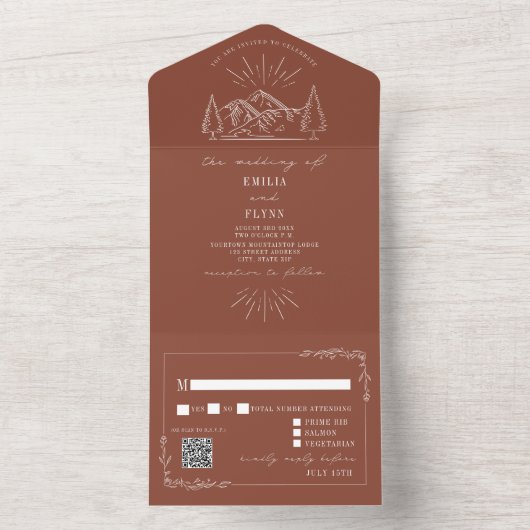 ヴィンテージ素朴マウンテンテラコッタRSVP QRオールイン オールインワン招待状 (内側)