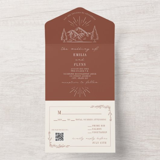 ヴィンテージ素朴マウンテンテラコッタRSVP QR オールインワン招待状 (内側)