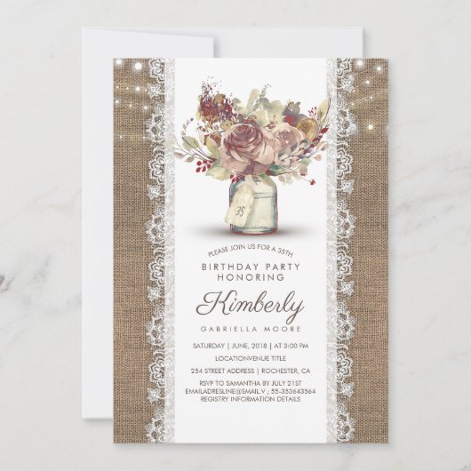 ヴィンテージ素朴メイスンジャールバーラップレース誕生日 招待状 (正面)