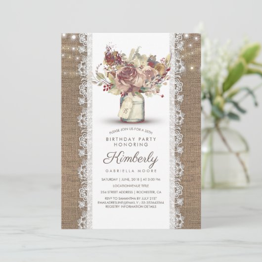 ヴィンテージ素朴メイスンジャールバーラップレース誕生日 招待状 (スタンド正面)